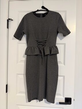 Workhall Peplum Lace-Up Pencil Dress in Charcoal Gray
